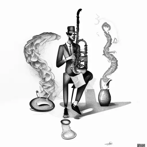 man sitting with saxophone smoking cigarette tattoo design idea