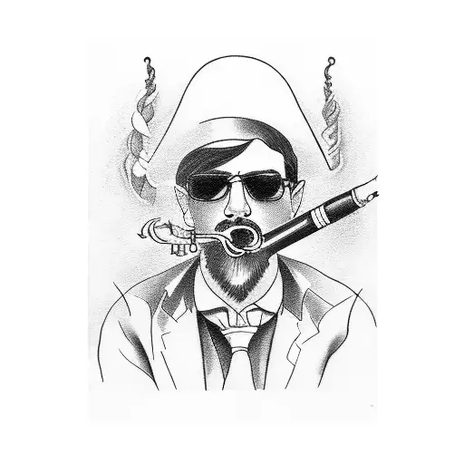 man sitting with saxophone smoking cigarette tattoo design idea