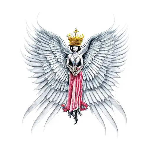 the paint of the fallen angel with broken wings and a crown tattoo design idea