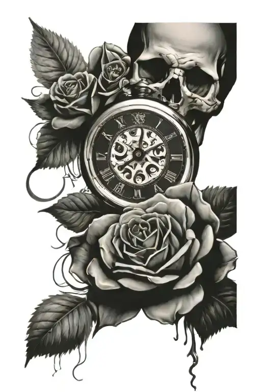 skull, rose, stopwatch tattoo design idea