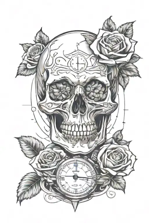 skull, rose, stopwatch tattoo design idea