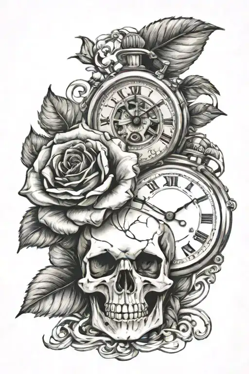 skull, rose, stopwatch tattoo design idea