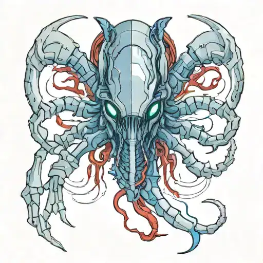 cover up for a blue and red diamon shape on rib cage. make more masculine. keywords: xenomorph, scifi bioweapon tattoo design idea