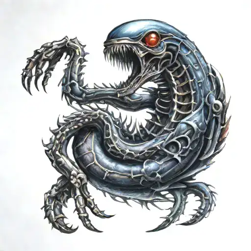cover up for a blue and red diamon shape on rib cage. make more masculine. keywords: xenomorph, scifi bioweapon, aliens tattoo design idea