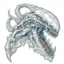 cover up for a blue and red diamon shape on rib cage. make more masculine. keywords: xenomorph, scifi bioweapon tattoo design idea