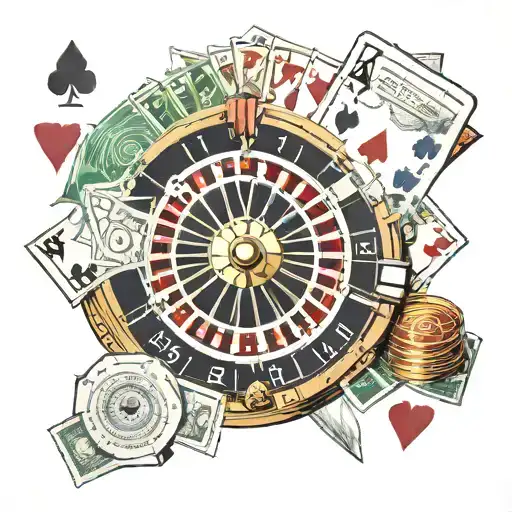 casino roulette wheel with dollar and playing cards spread out and on top a blonde bandit with blue eyes tattoo design idea