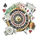 casino roulette wheel with dollar and playing cards spread out and on top a blonde bandit with blue eyes tattoo design idea