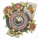 casino roulette wheel with dollar and playing cards spread out and on top a blonde bandit with blue eyes tattoo design idea