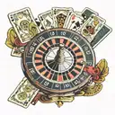 casino roulette wheel with dollar and playing cards spread out and on top a blonde bandit with blue eyes tattoo design idea