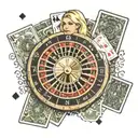 casino roulette wheel with dollar and playing cards spread out and on top a blonde bandit with blue eyes tattoo design idea