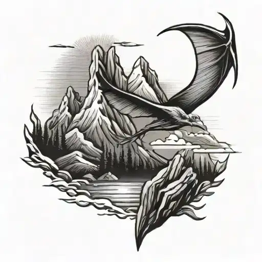 mountain with pterodactyl flying towards the sun tattoo design idea