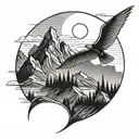 mountain with pterodactyl flying towards the sun tattoo design idea