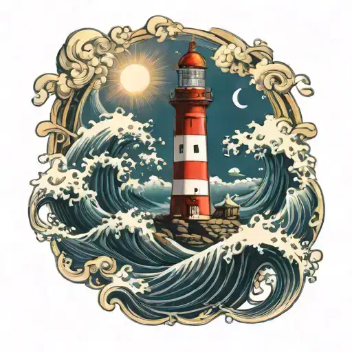 lighthouse surrounded by waves poseidon god tattoo design idea