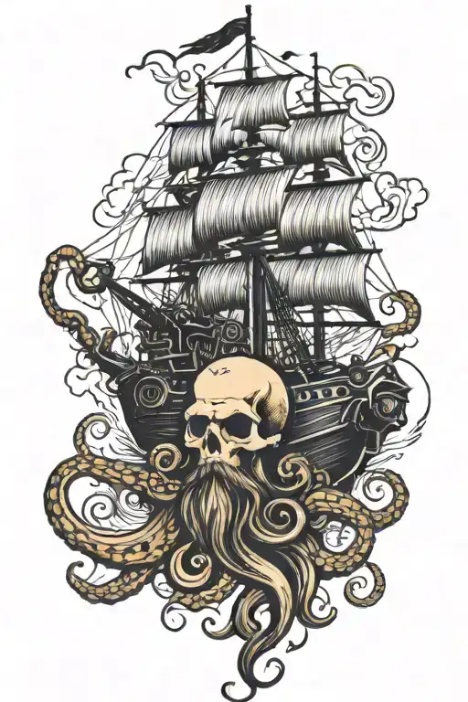 clipper ship with skull and octopus for beard made tattoo design idea