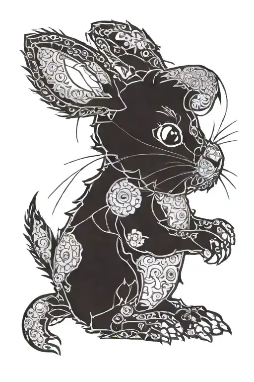 A rabbit stuffed animal, stitched up, missing an eye replaced with a button. Snarling teeth, but body is soft and fluff tattoo design idea