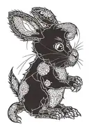 A rabbit stuffed animal, stitched up, missing an eye replaced with a button. Snarling teeth, but body is soft and fluff tattoo design idea