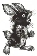 A rabbit stuffed animal, stitched up, missing an eye replaced with a button. Snarling teeth, but body is soft and fluff tattoo design idea