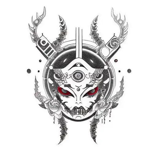 mujer con mascara de demonio, gorra hacia atrás con cuernos, tatuaje de kanji japonés amor, líneas cyber punk, flores tattoo design idea