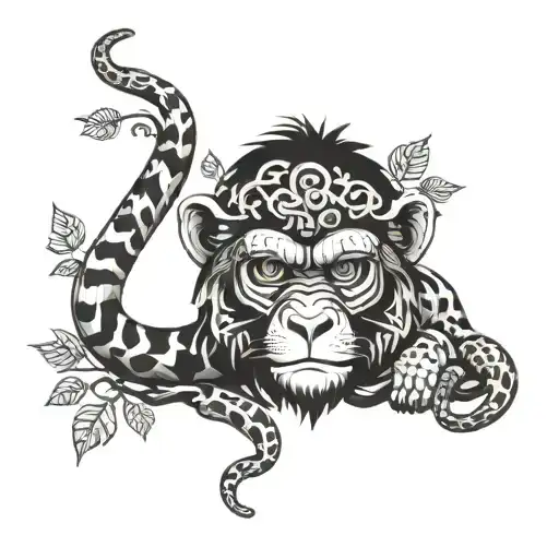  a Monkey face camouflage with decor,  and a big Snake  with a cute tiger  face in the whole tree in Black and White  tattoo design idea