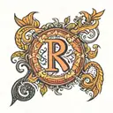 Hey create a tattoo image design where the R is a common factor and other names are Radha, RK, Sreeja, Sreenika tattoo design idea