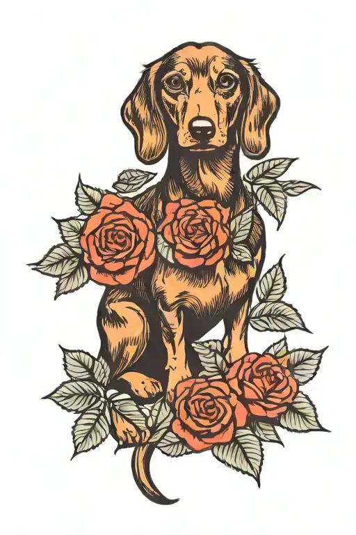 Brown Dachshund and red Roses tattoo design idea