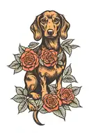 Brown Dachshund and red Roses tattoo design idea