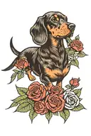 Brown Dachshund and red Roses tattoo design idea