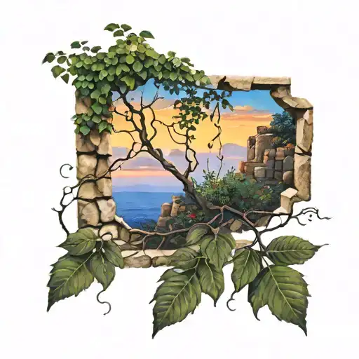 stone wall wrapped in vines sunset sky tattoo design idea