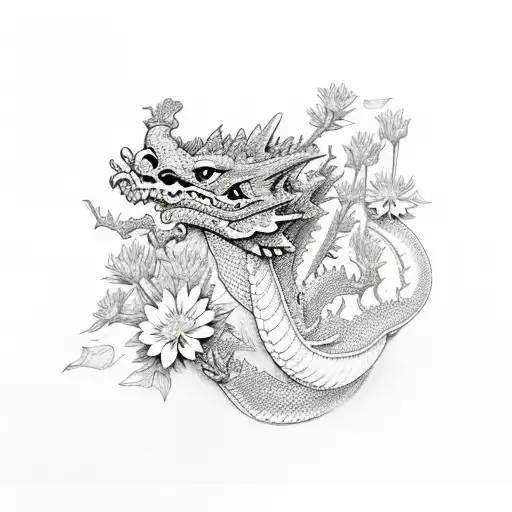 full dragon wrapped in alyssum flowers tattoo design idea
