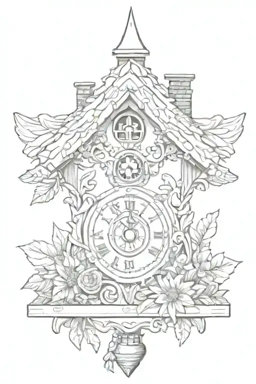 simple cuckoo clock German with edelweiss surrounding and chimney decorative roof and weights on bottom  tattoo design idea