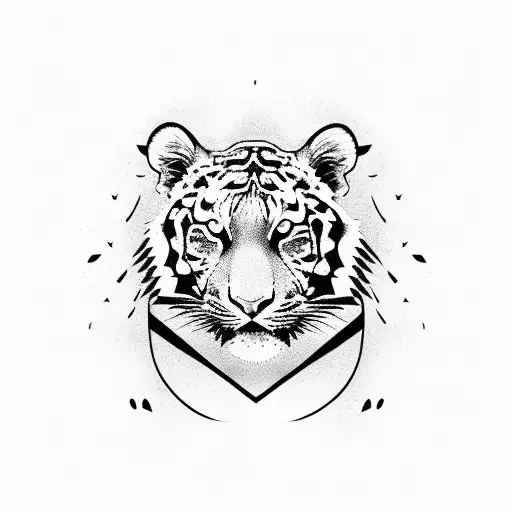 full-body tiger crawling, top to front view, tiger looking at camera, black line art illustration, chinese style tattoo design idea