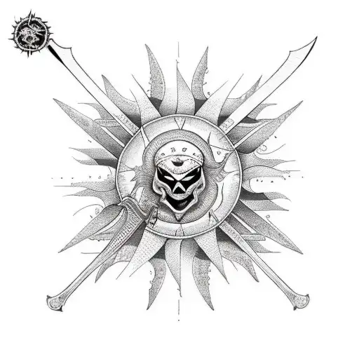 sun, cross, book, sword, viper tattoo design idea