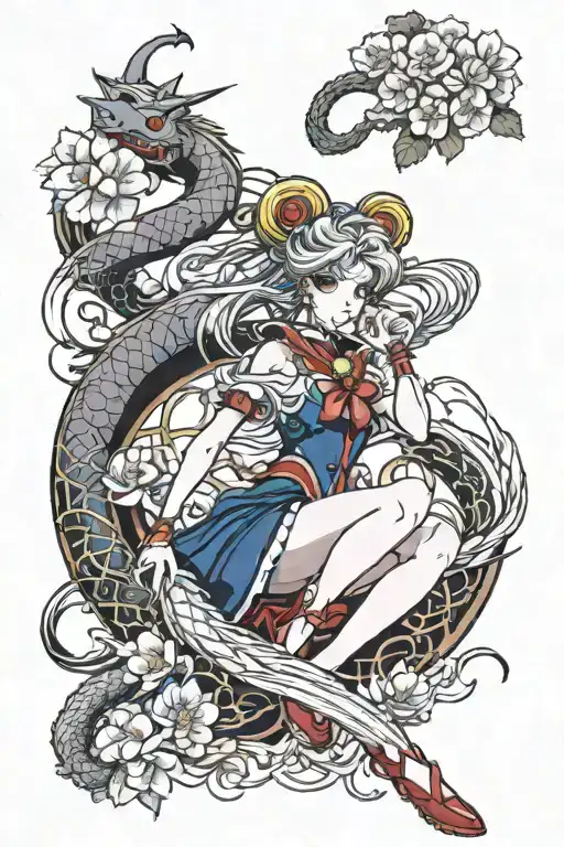 Sailor Moon full-length in a sexy outfit with a dragon curling around her, sakura blossom branches around the compositio tattoo design idea