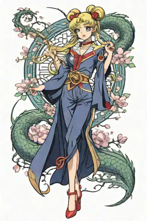 Sailor Moon full-length in a sexy outfit with a dragon curling around her, sakura blossom branches around the compositio tattoo design idea
