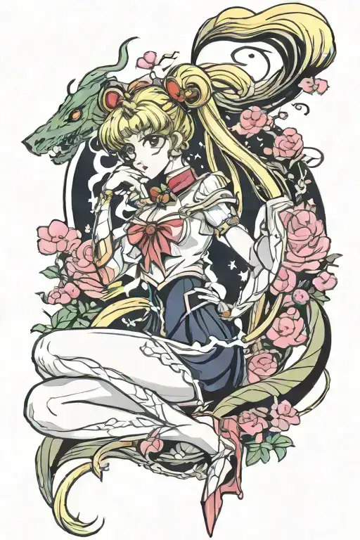 Sailor Moon full-length in a sexy outfit with a dragon curling around her, sakura blossom branches around the compositio tattoo design idea