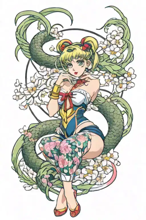 Sailor Moon full-length in a sexy outfit with a dragon curling around her, sakura blossom branches around the compositio tattoo design idea