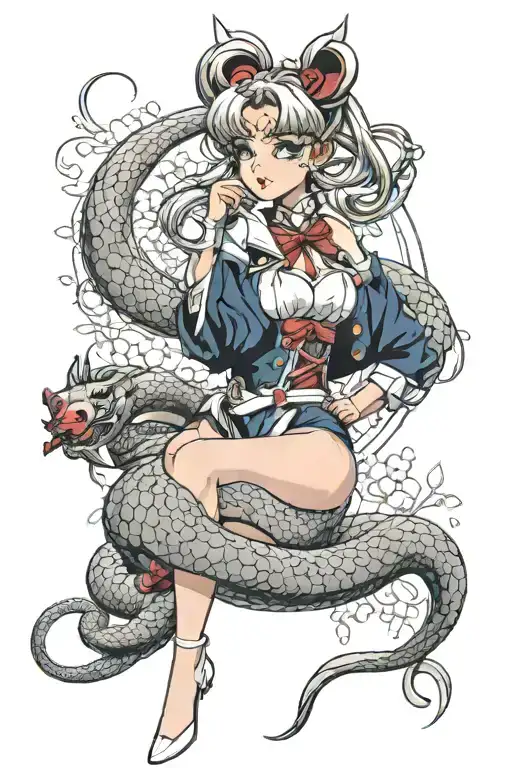 Sailor Moon full-length in a sexy outfit with a dragon curling around her, sakura blossom branches around the compositio tattoo design idea