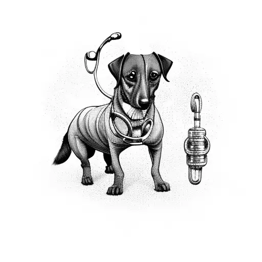 A whimsical illustration of a furry dachshund with a flowing coat, wearing a stethoscope tattoo design idea