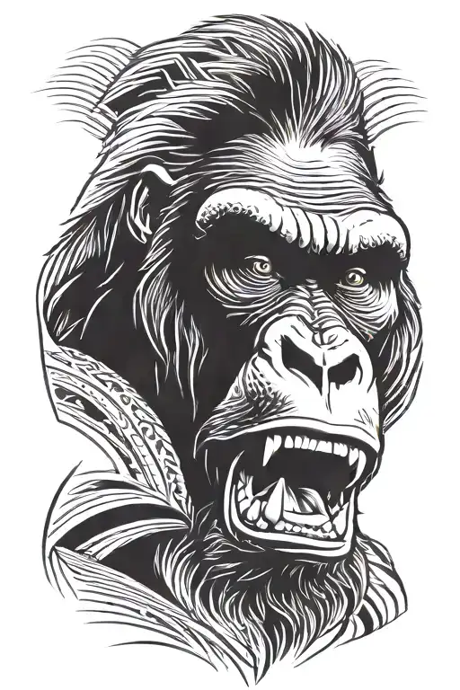 portrait of face of raging gorilla with mouth fully open and gazing straight. thin lines tattoo design idea