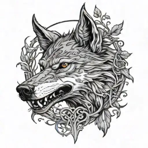 sad fenrir wolf head, with open mouth around tree of life tattoo design idea