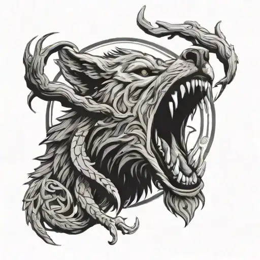 sad fenrir wolf open mouth around tree of life tattoo design idea