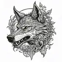 sad fenrir wolf head, with open mouth around tree of life tattoo design idea