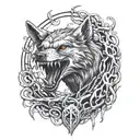sad fenrir wolf head, with open mouth around tree of life tattoo design idea