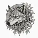 sad fenrir wolf head, with open mouth around tree of life tattoo design idea