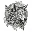 sad fenrir wolf head, with open mouth around tree of life tattoo design idea