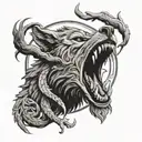 sad fenrir wolf open mouth around tree of life tattoo design idea