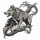 sad fenrir wolf open mouth around tree of life tattoo design idea