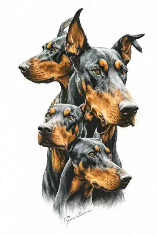 three dobermans one male one female and one small male doberman looking at the male doberman tattoo design idea