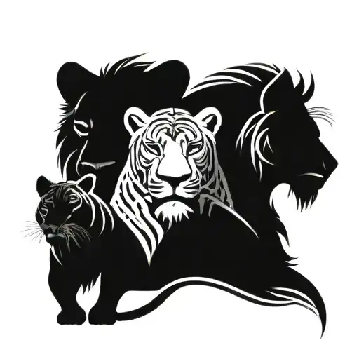 Polynesian tattoo design featuring 2 lionesses, one lion and a cub tattoo design idea