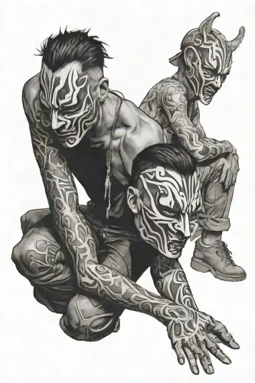 a man kneeling tears two masks from his face tattoo design idea